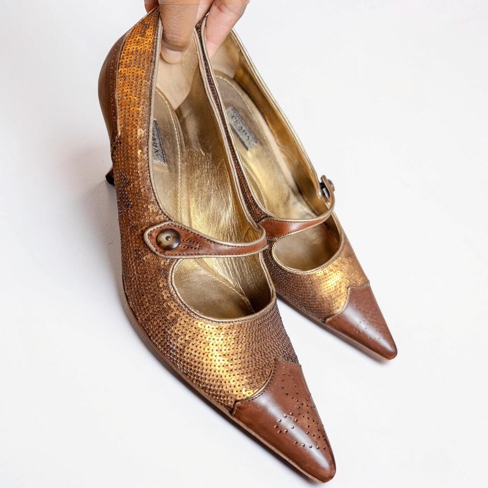 Prada Sequin Leather Mary Jane Heels Brown Gold Size 37.5 US 7.5
